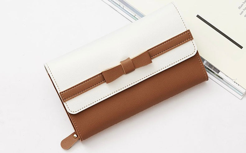 Women Quality Bow Long PU Wallet, Brown