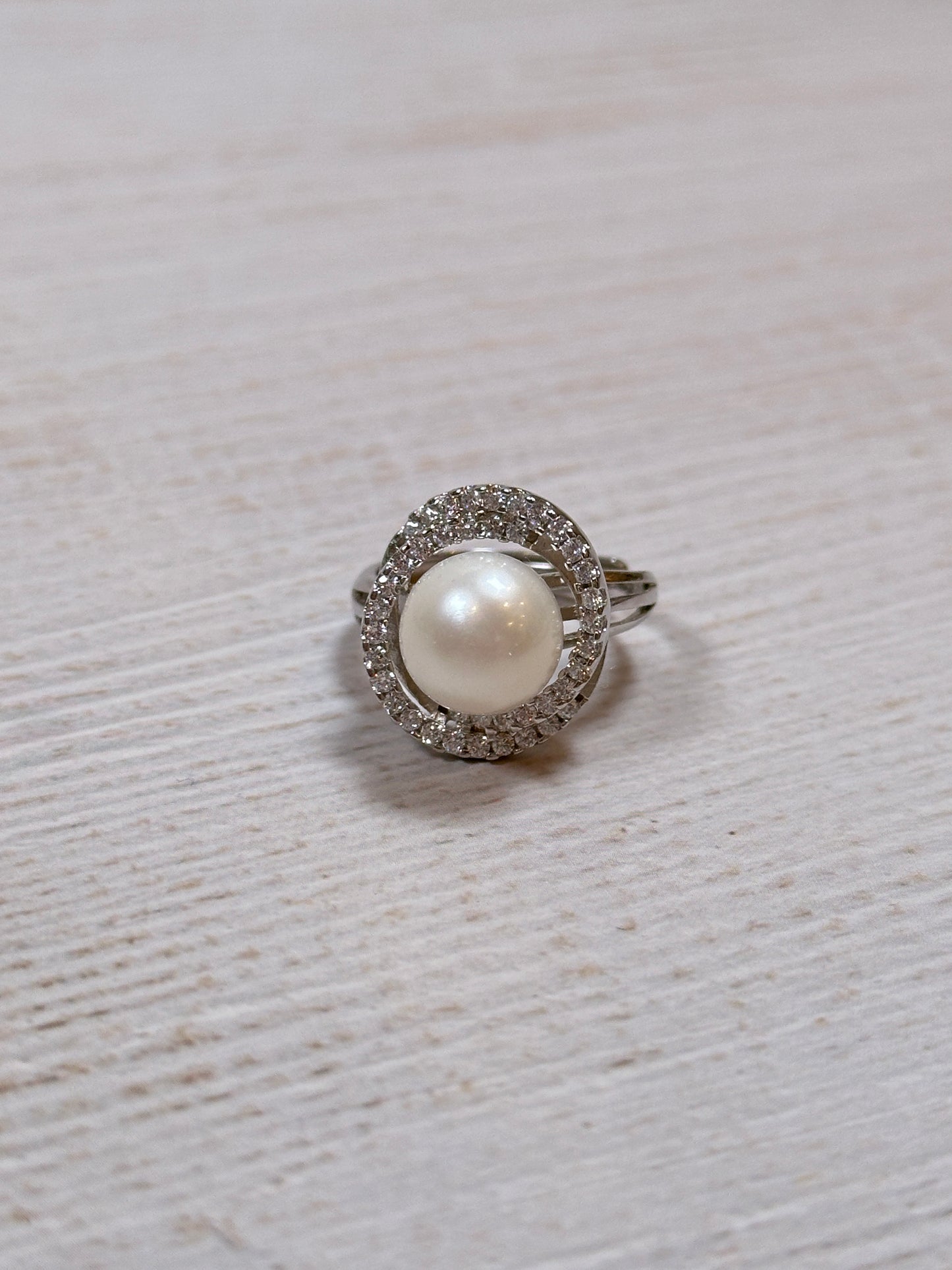 Women Premium Real Round Pearl with Cubic Zirconia Adjustable Ring