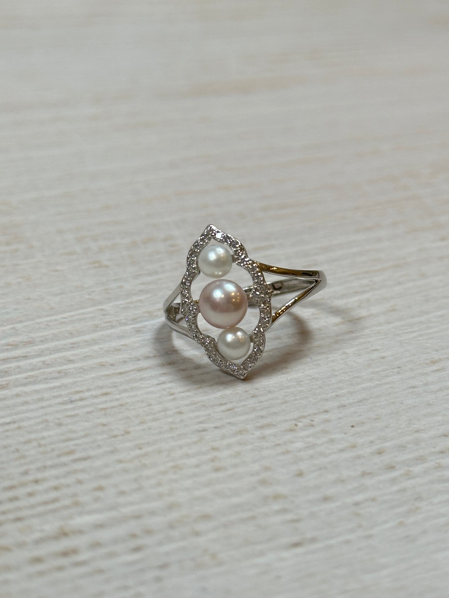 Three Tone Pearl with Cubic Zirconia Adjustable Ring