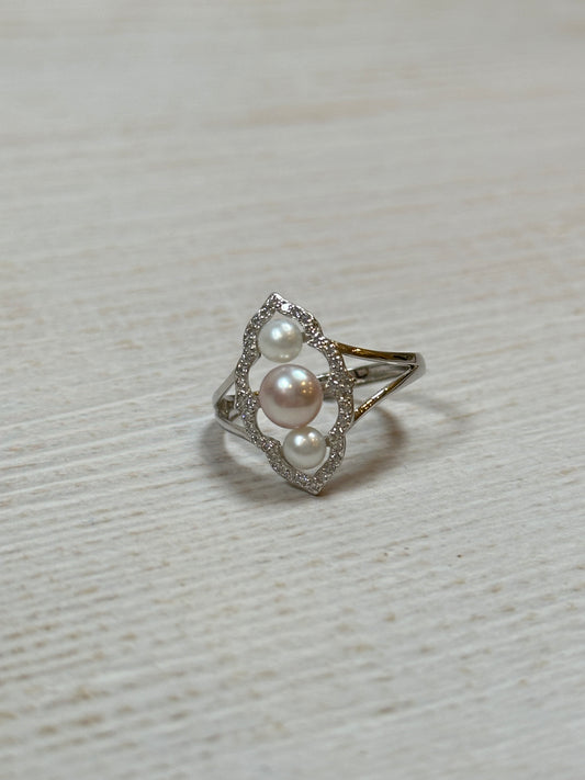 Three Tone Pearl with Cubic Zirconia Adjustable Ring