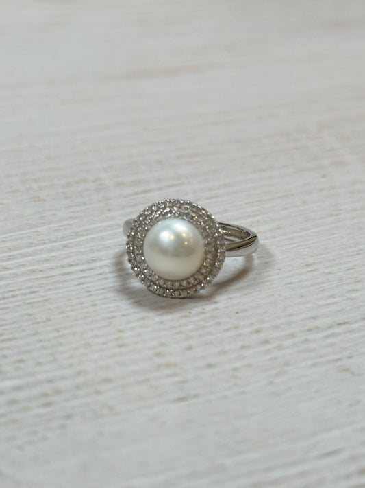 Women Elegant Real Round Pearl with Cubic Zirconia Adjustable Ring