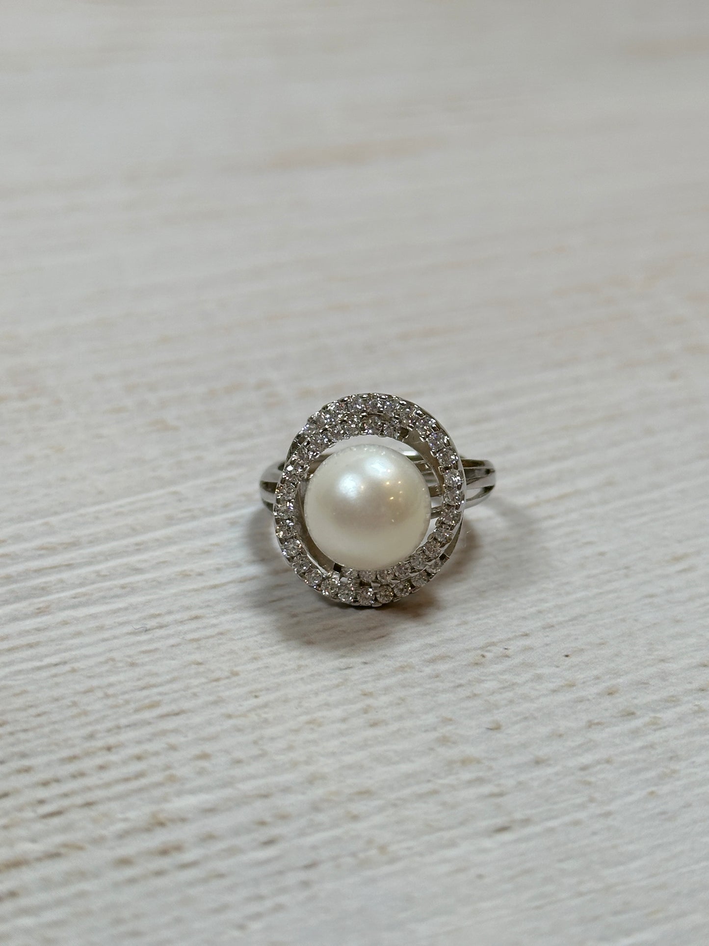 Women Premium Real Round Pearl with Cubic Zirconia Adjustable Ring