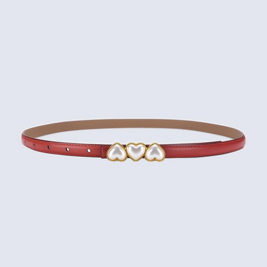 Slim Waist Leather Belt with Heart, Red