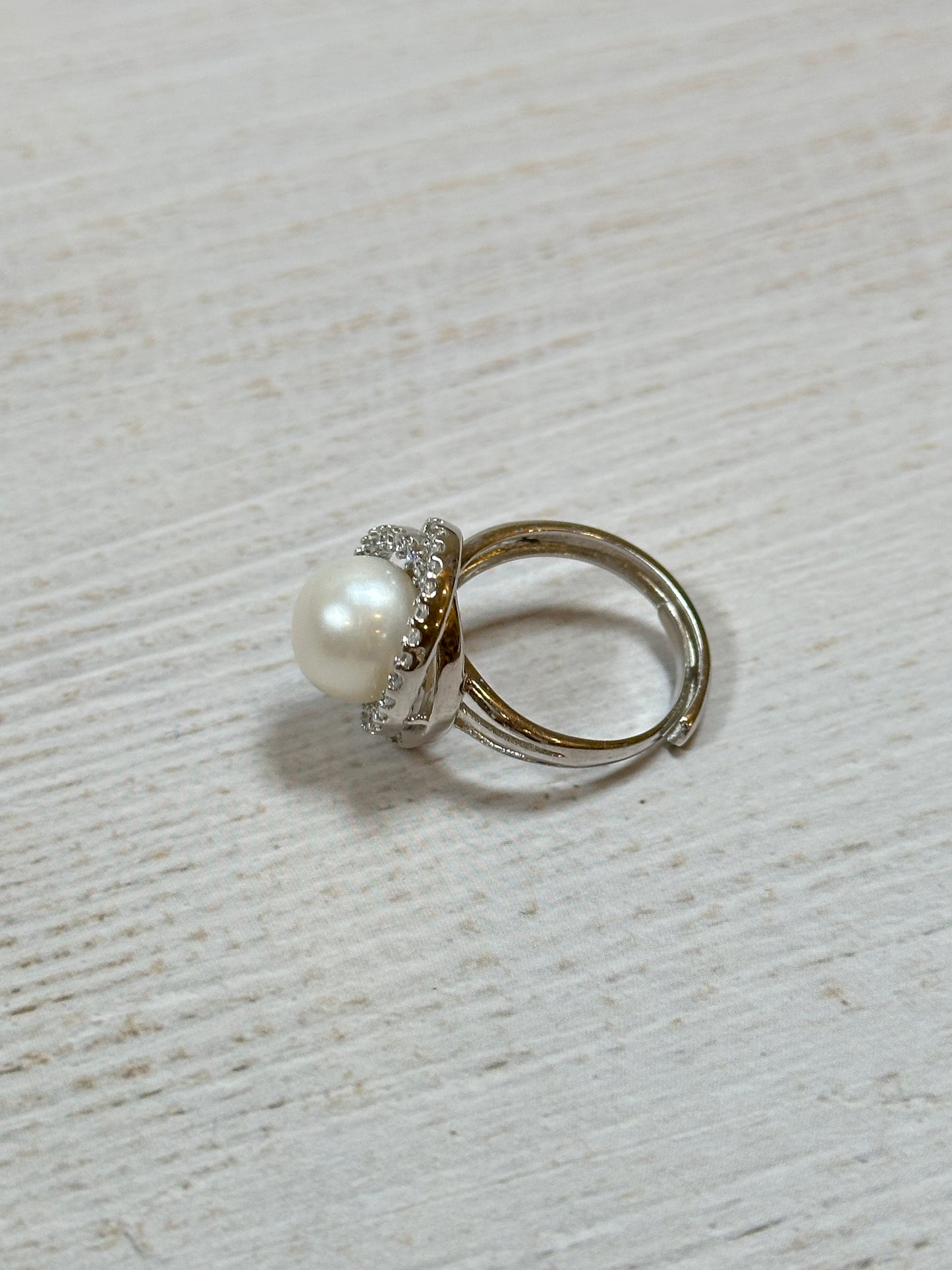 Women Premium Real Round Pearl with Cubic Zirconia Adjustable Ring