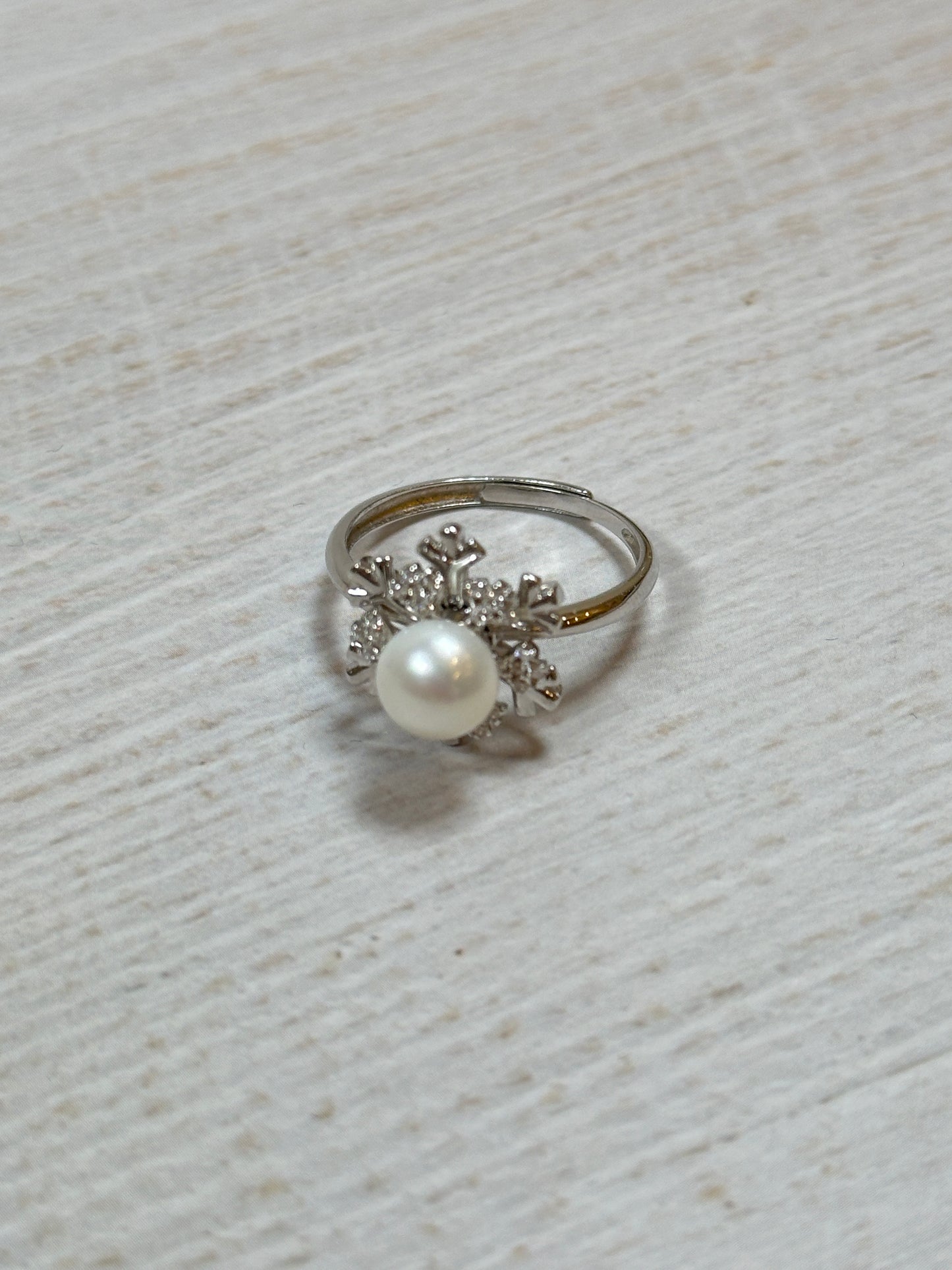 Snow Flake Real Pearl with Cubic Zirconia Adjustable Ring