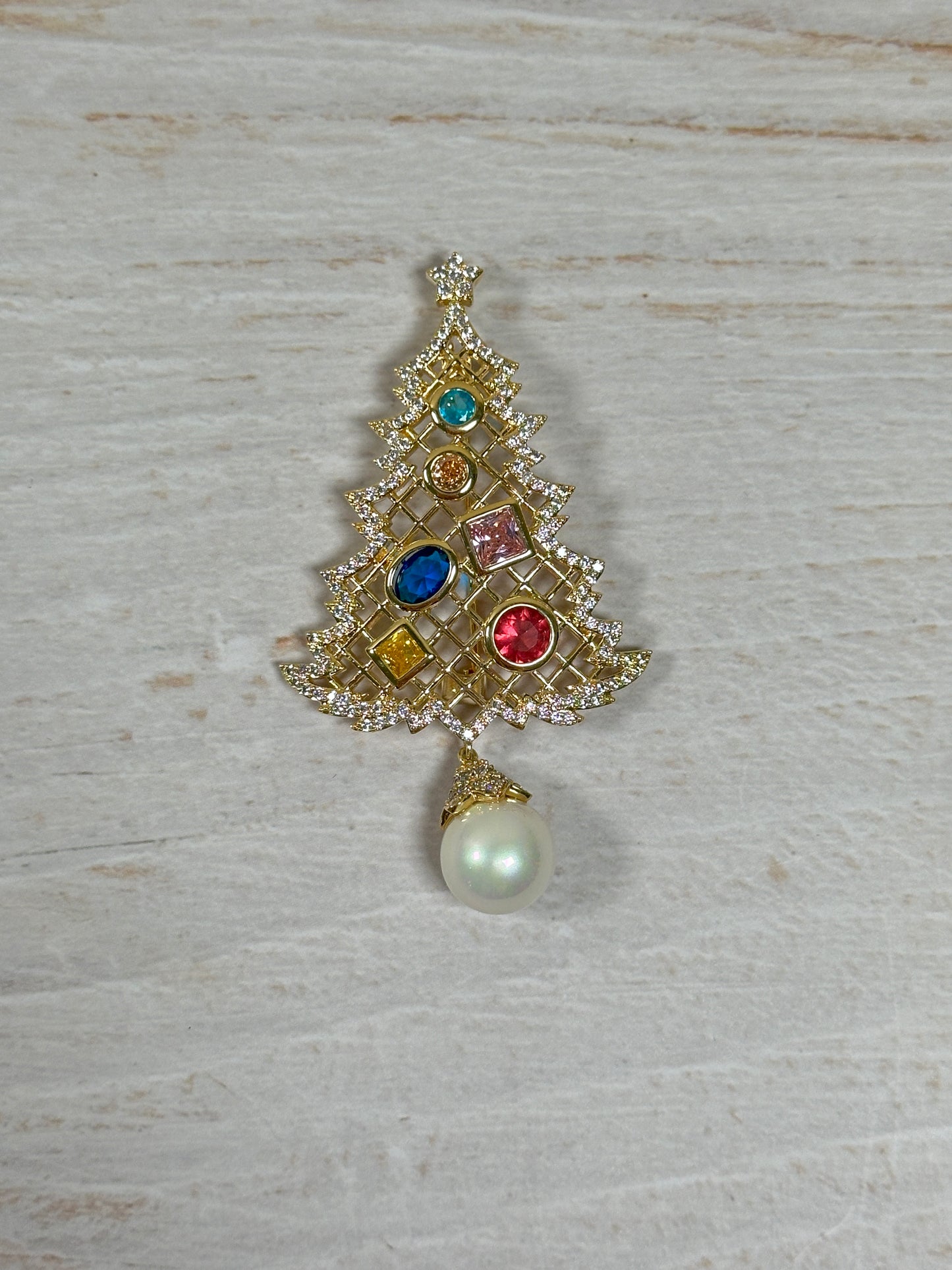 Christmas Tree Brooch with Cubic Zirconia Rhinestone