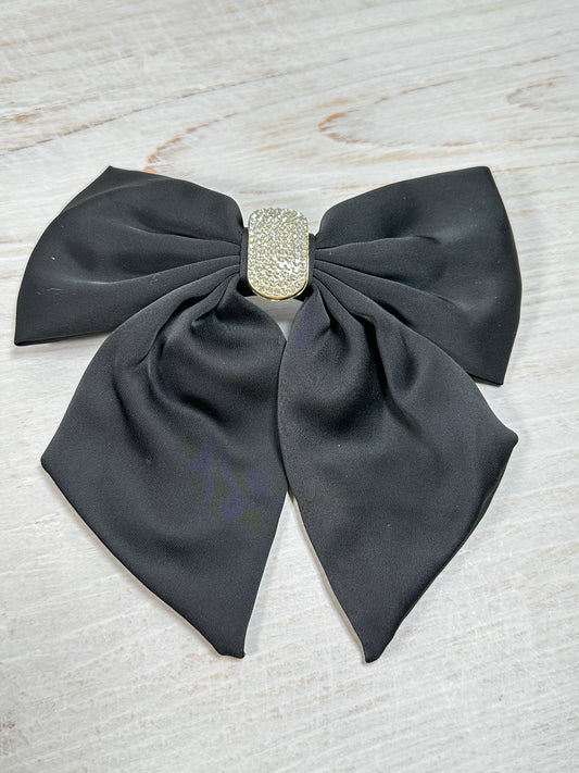 Elegant Crystal Satin Bow Clip, Black