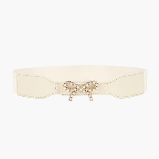 Elastic Stretch Waist Belt with Bow, White