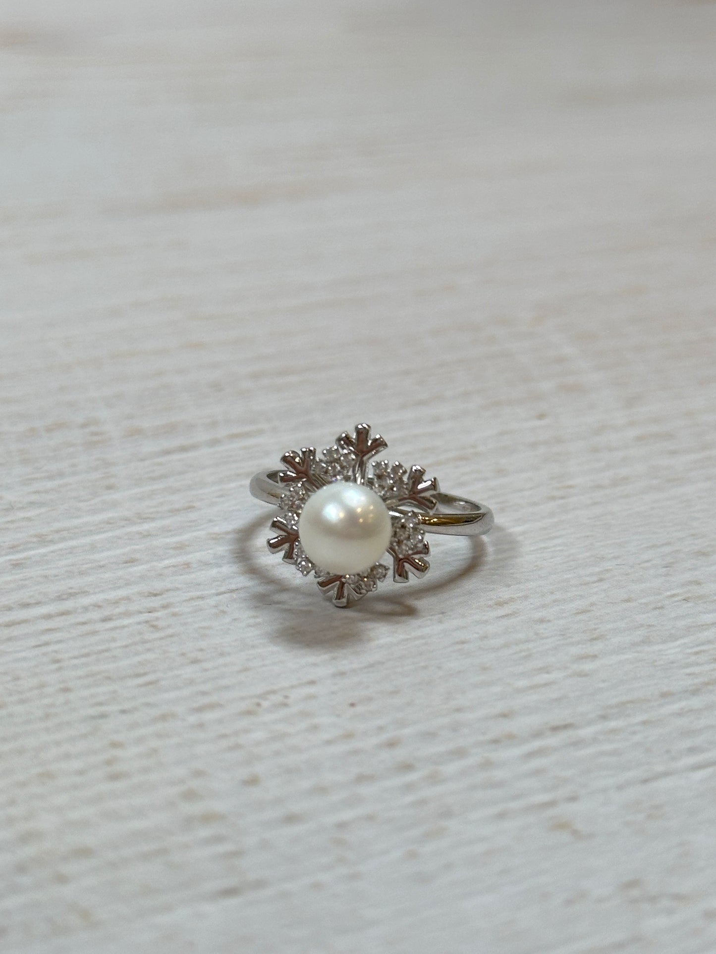 Snow Flake Real Pearl with Cubic Zirconia Adjustable Ring