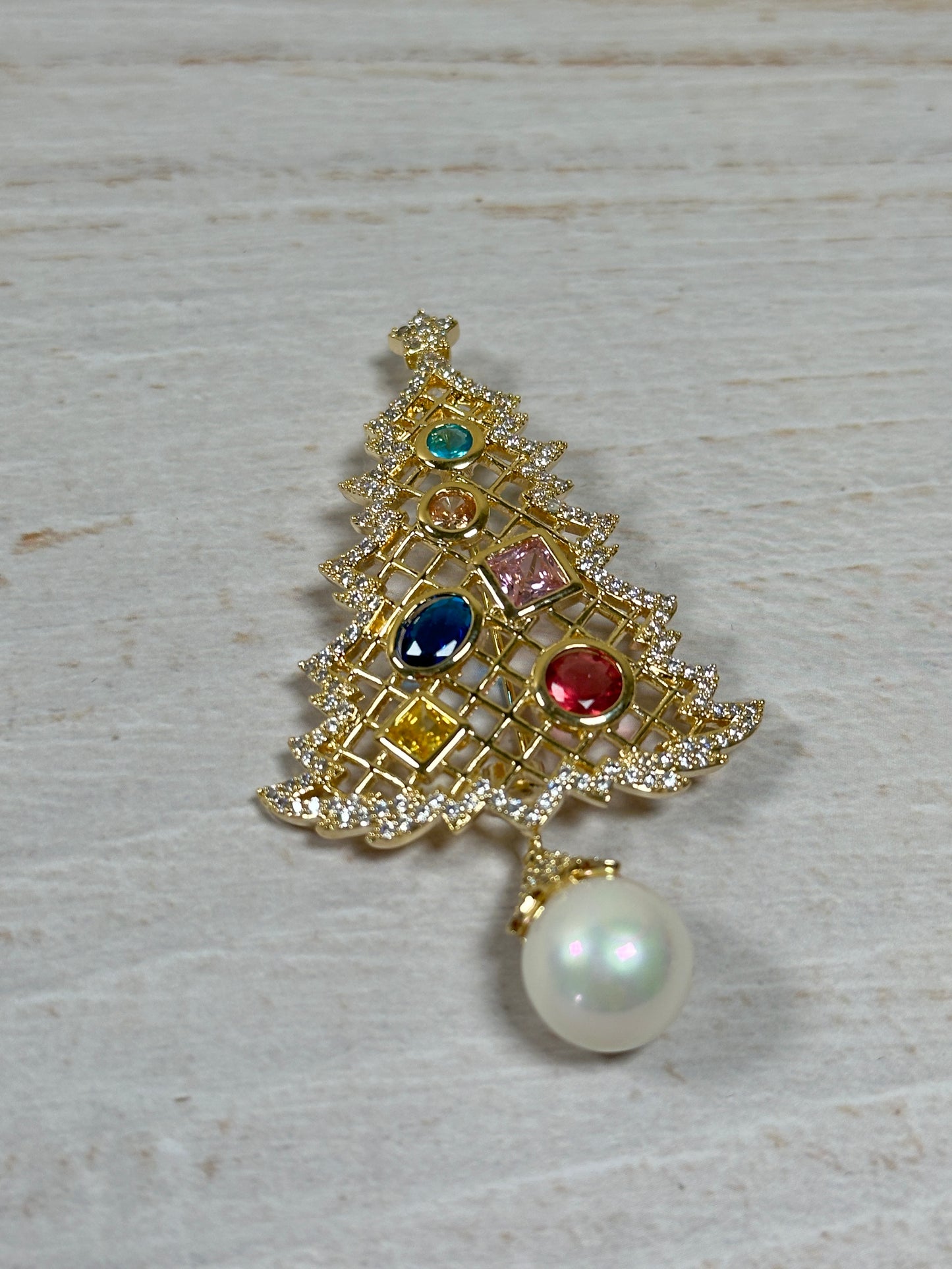 Christmas Tree Brooch with Cubic Zirconia Rhinestone