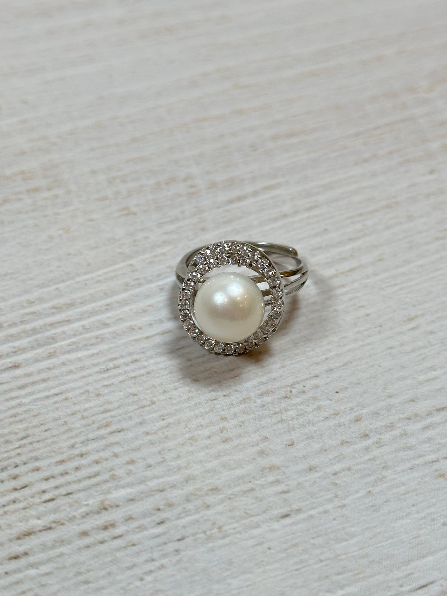 Women Premium Real Round Pearl with Cubic Zirconia Adjustable Ring