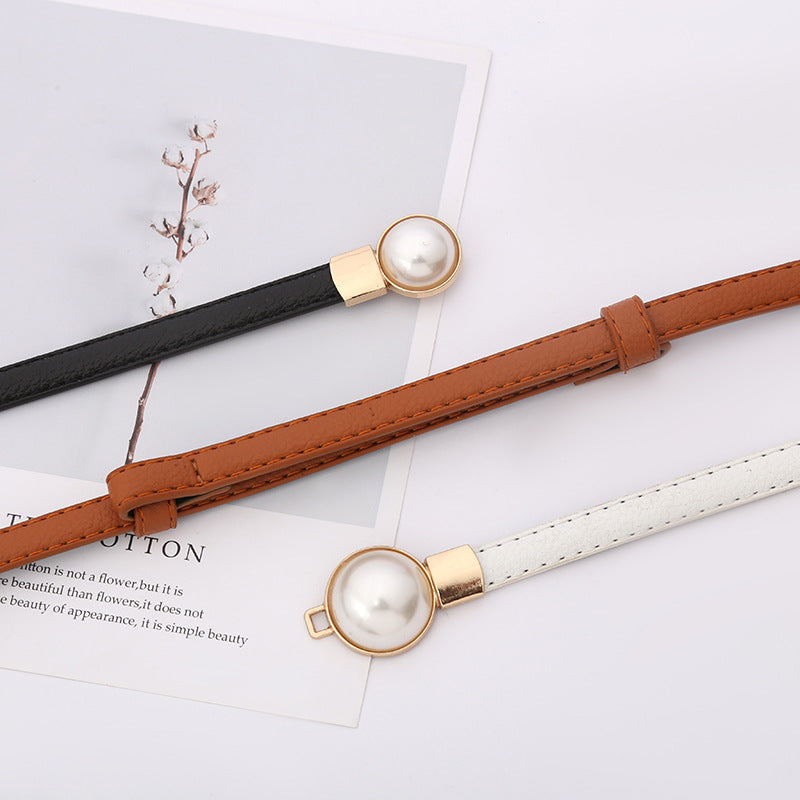 Women Adjustable Skinny Leather Belt with Pearl, More Colors