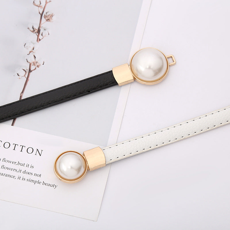 Women Adjustable Skinny Leather Belt with Pearl, More Colors