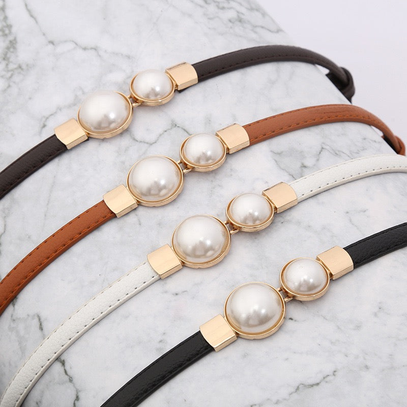 Women Adjustable Skinny Leather Belt with Pearl, More Colors