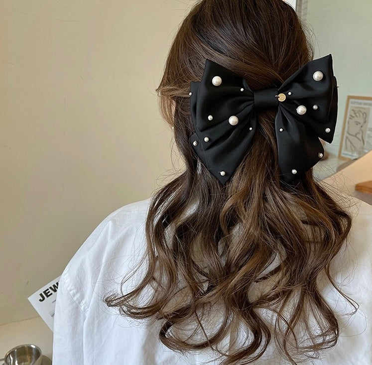 Satin Pearl Hair Bow Clip, More Colors