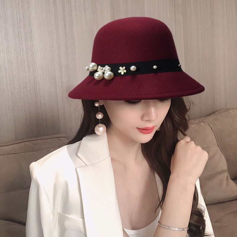 Women Elegant Vintage French Fedora Wool Bucket Hat with Pearl, More Colors