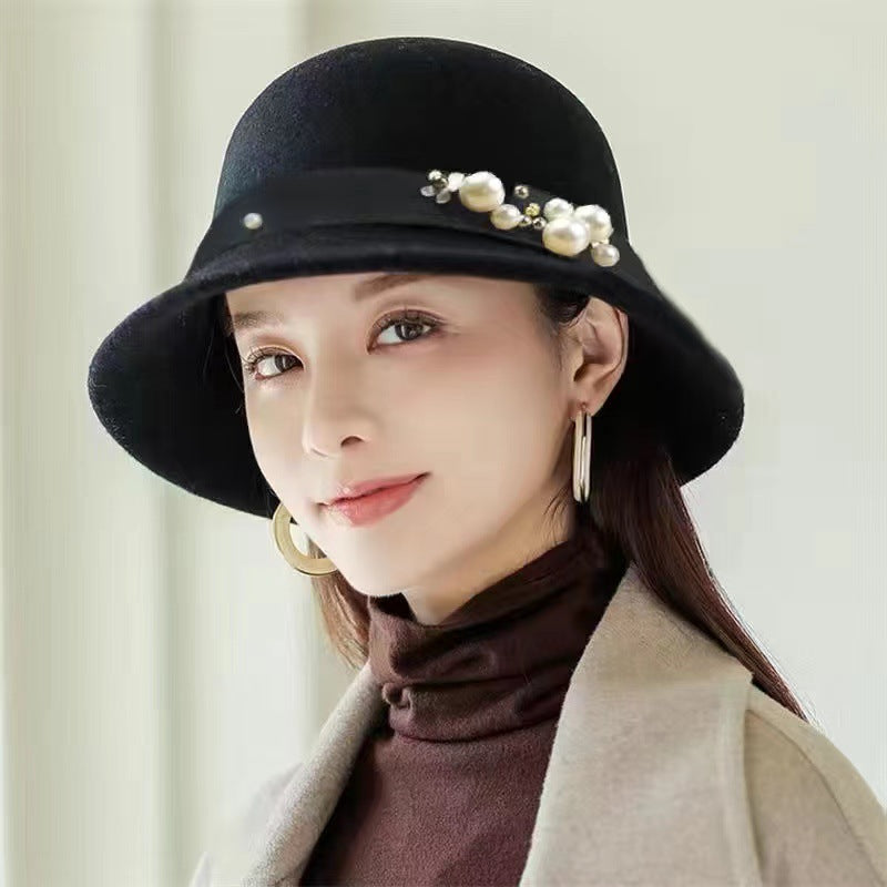 Women Elegant Vintage French Fedora Wool Bucket Hat with Pearl, More Colors