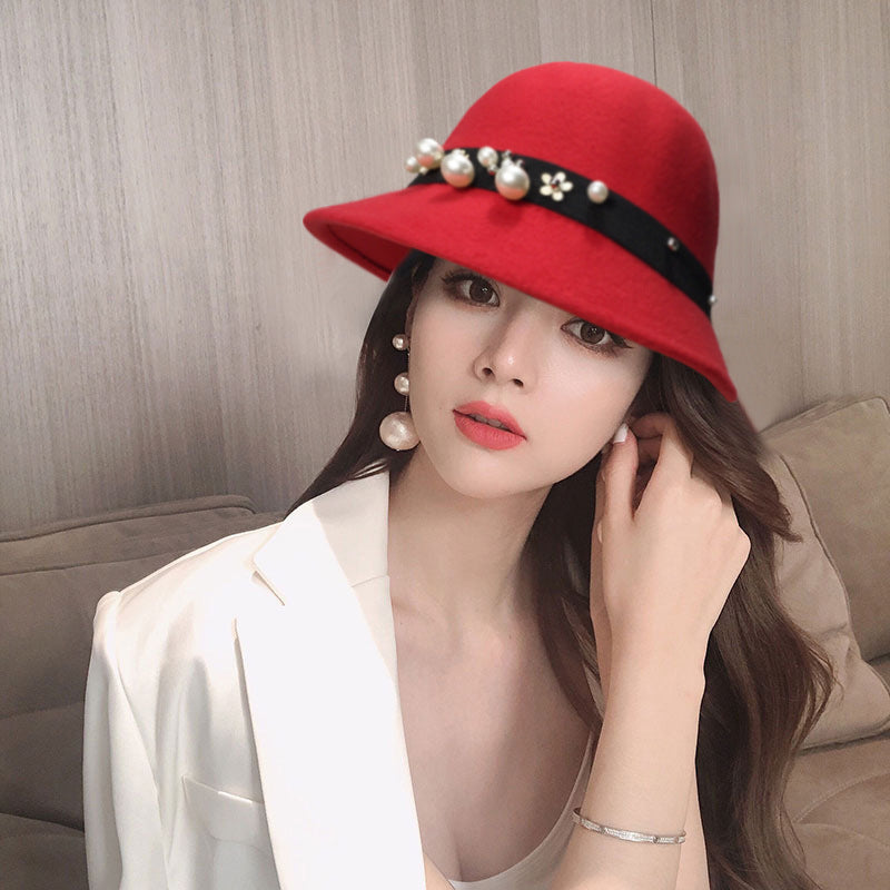 Women Elegant Vintage French Fedora Wool Bucket Hat with Pearl, More Colors