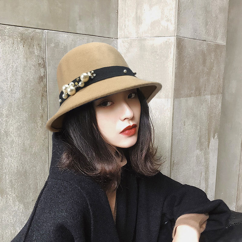 Women Elegant Vintage French Fedora Wool Bucket Hat with Pearl, More Colors