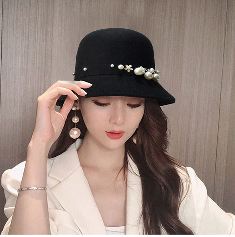 Women Elegant Vintage French Fedora Wool Bucket Hat with Pearl, More Colors