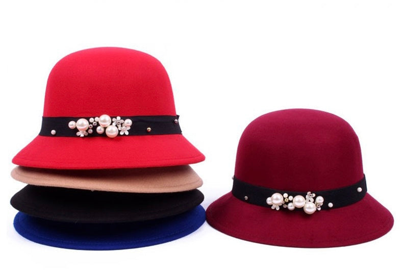 Women Elegant Vintage French Fedora Wool Bucket Hat with Pearl, More Colors