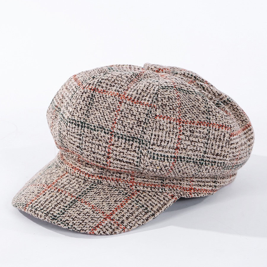 Women Vintage Retro Wool Newsboy Plaid Cap Visor