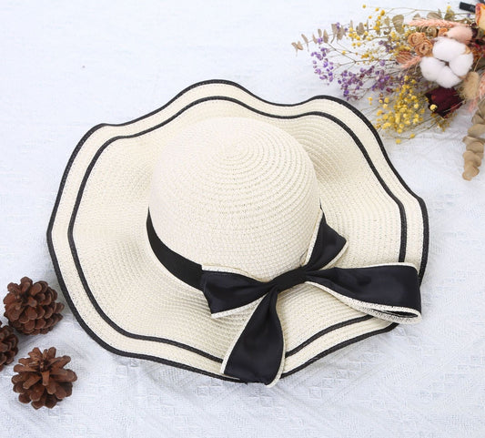 Women Large Bow Straw Hat, White