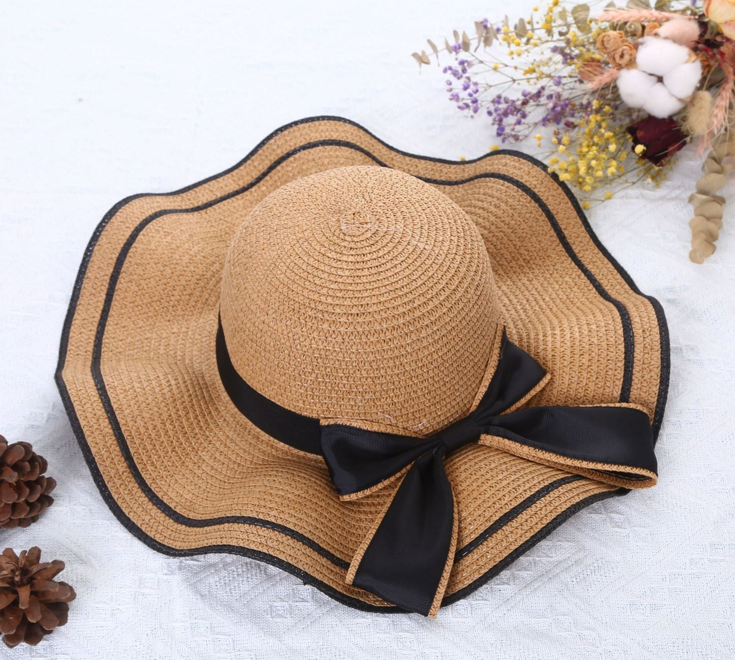 Women Large Bow Straw Hat, Brown