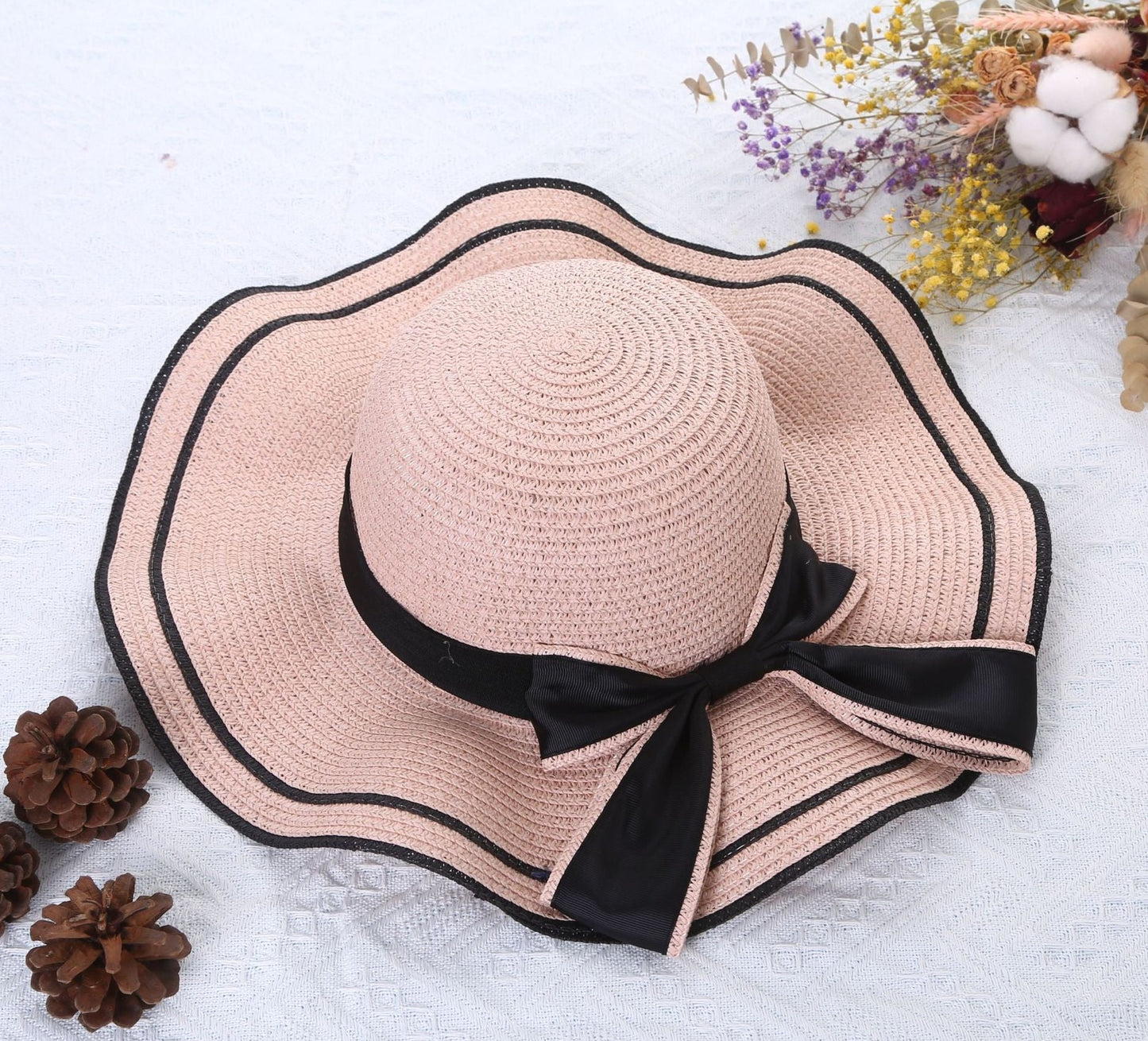 Women Large Bow Straw Hat, Pink