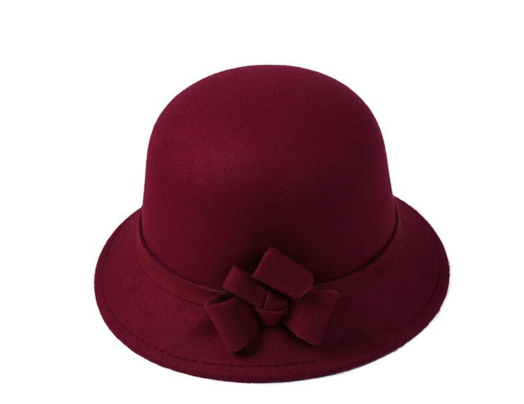 Women Vintage French Fedora Wool Bucket Hat, Burgundy