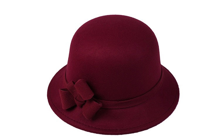 Women Vintage French Fedora Wool Bucket Hat, Burgundy