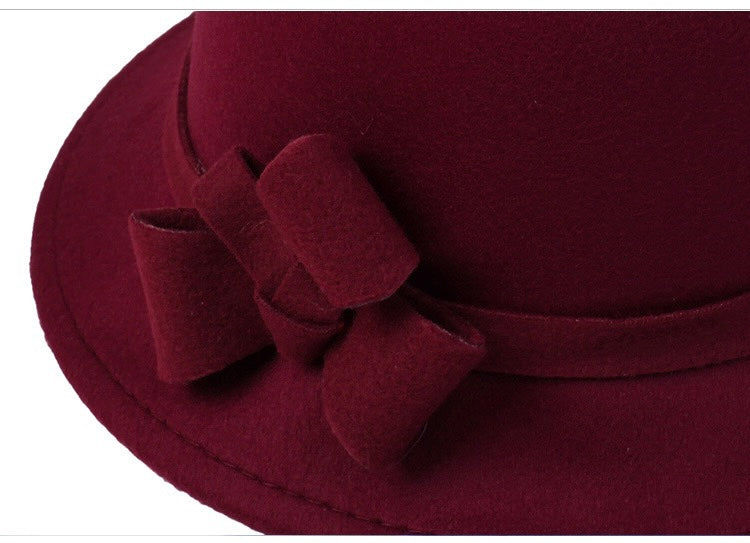 Women Vintage French Fedora Wool Bucket Hat, Burgundy