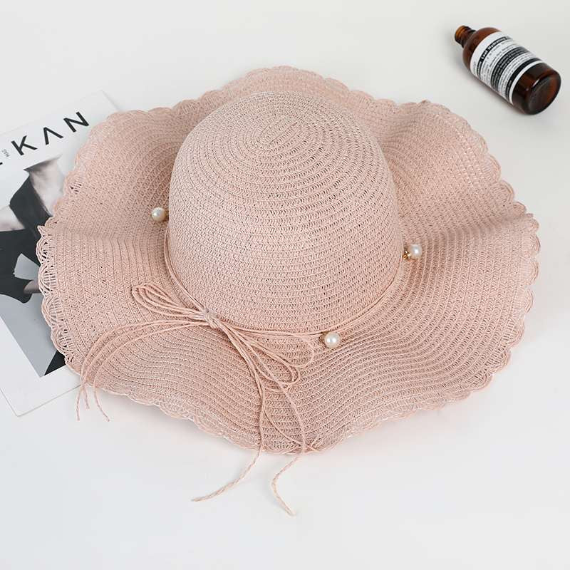 Women Quality Straw Hat with Pearl, Pink