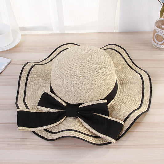 Women Fashion Summer Straw Hat With Bow, Cream