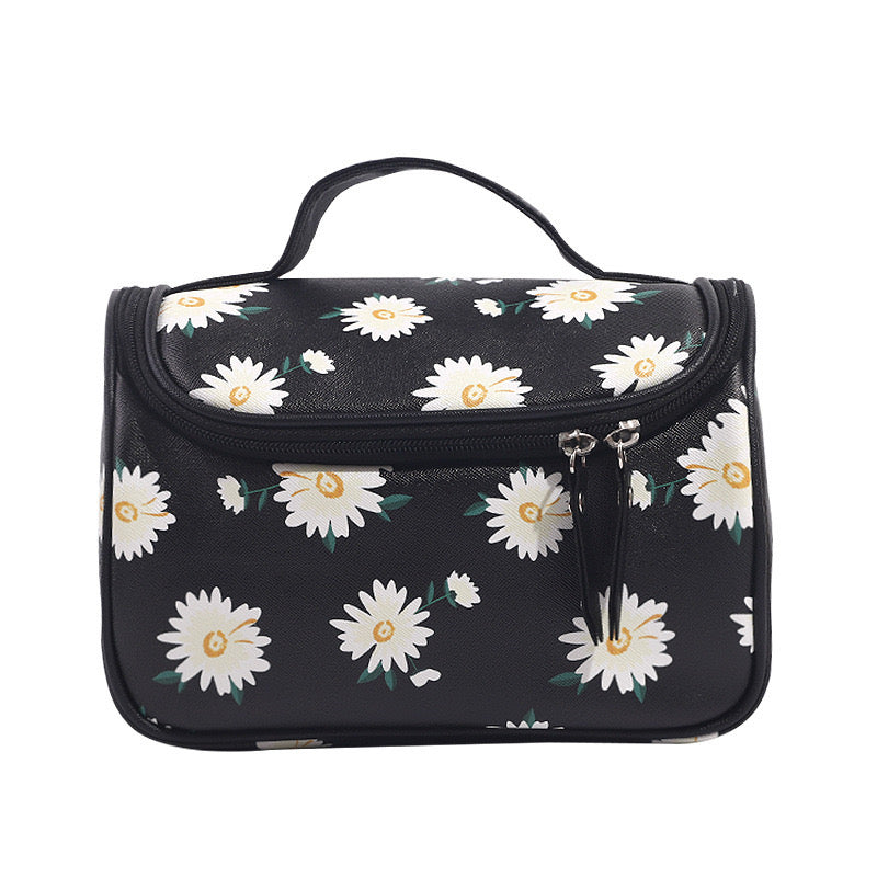 Beautiful Portable Travel Makeup Bag with Daisy Flower, Black