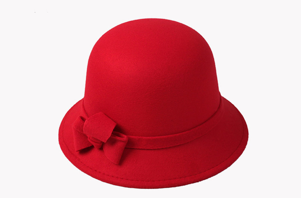 Women Vintage French Fedora Wool Bucket Hat, Red