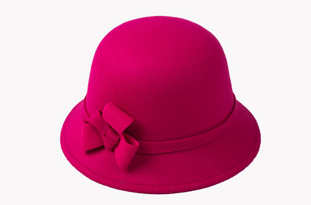 Women Vintage French Fedora Wool Bucket Hat, Hot Pink