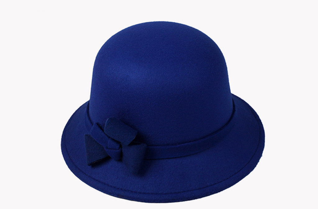 Women Vintage French Fedora Wool Bucket Hat, Navy Blue