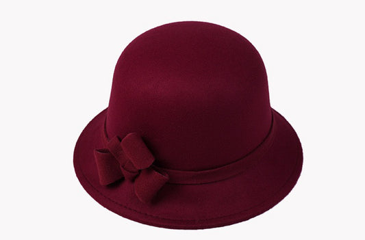 Women Vintage French Fedora Wool Bucket Hat, Burgundy