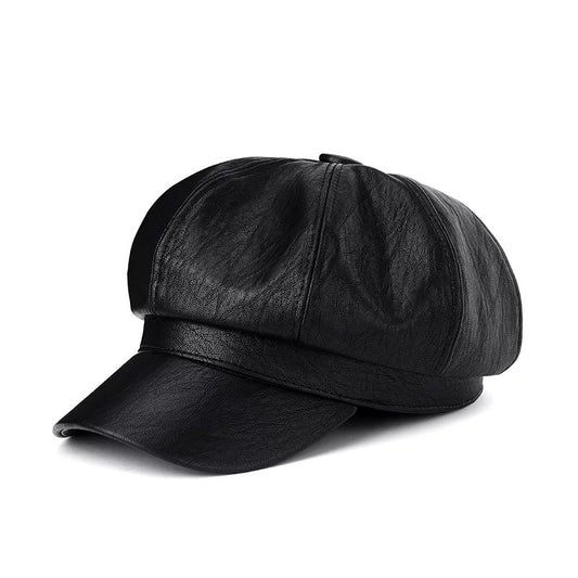 Women Faux Leather Cap, Black