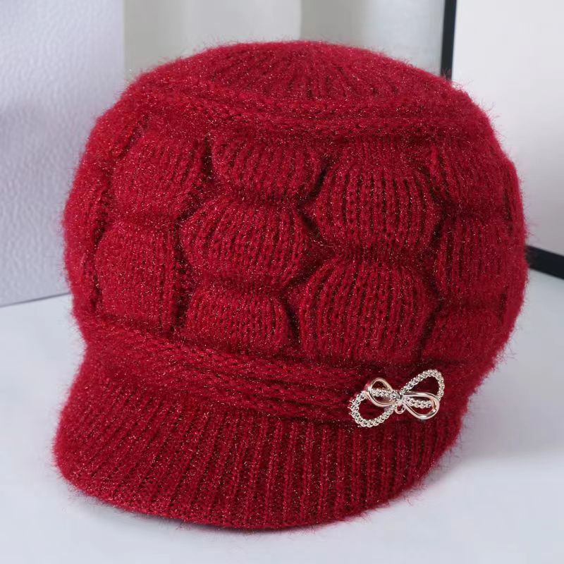 Women Winter Fleece Lined Knitted Warm Hat, Red