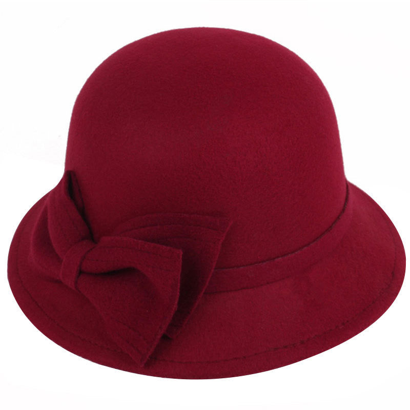 Women Wool Hat with Bow, Burgundy